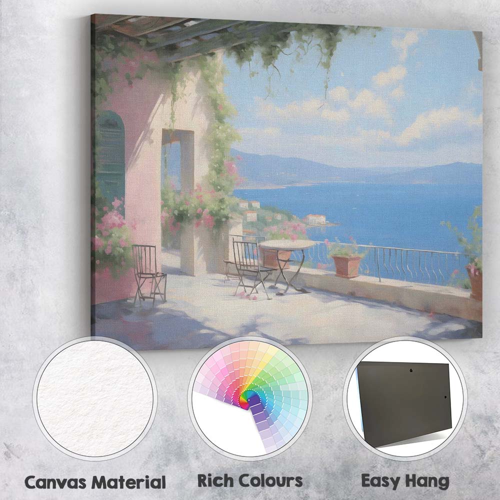 Mediterranean Sea View Terrace Coastal Balcony Landscape Canvas Wall Art Print Decor Picture Ready to Hang