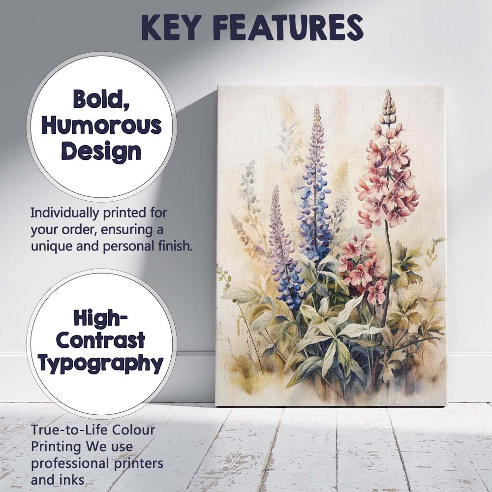 Soft Watercolour Pink Blue Lupine Wildflower Botanical Illustration Canvas Wall Art Print Decor Picture Ready to Hang