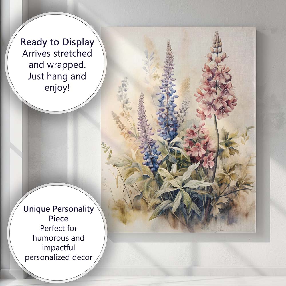 Soft Watercolour Pink Blue Lupine Wildflower Botanical Illustration Canvas Wall Art Print Decor Picture Ready to Hang
