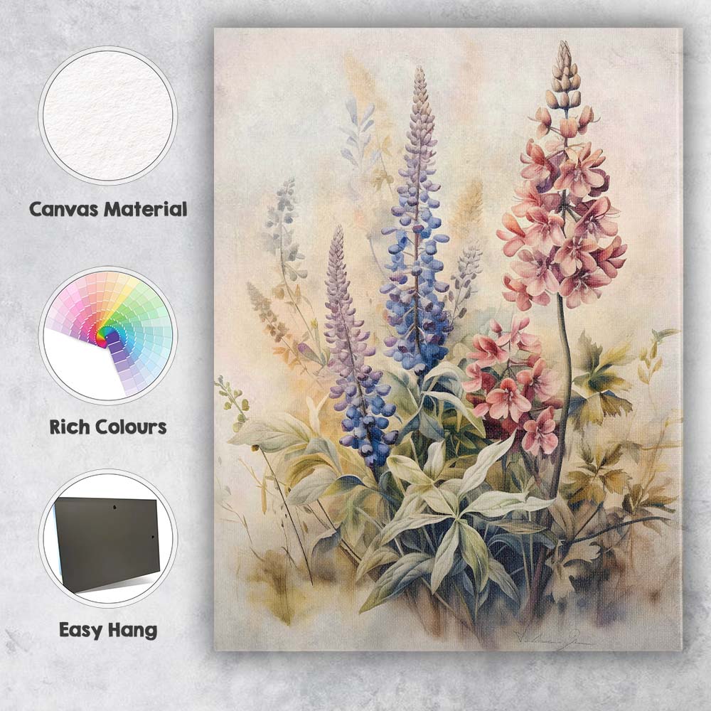 Soft Watercolour Pink Blue Lupine Wildflower Botanical Illustration Canvas Wall Art Print Decor Picture Ready to Hang