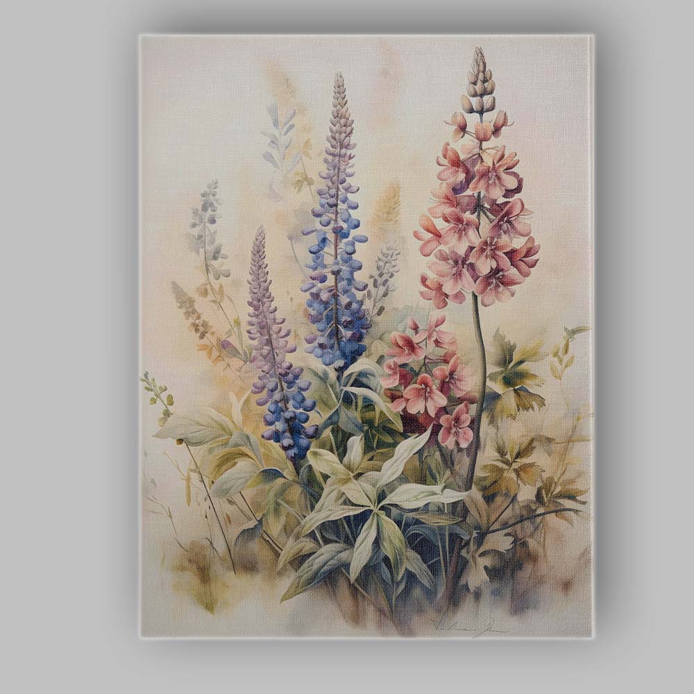 Soft Watercolour Pink Blue Lupine Wildflower Botanical Illustration Canvas Wall Art Print Decor Picture Ready to Hang