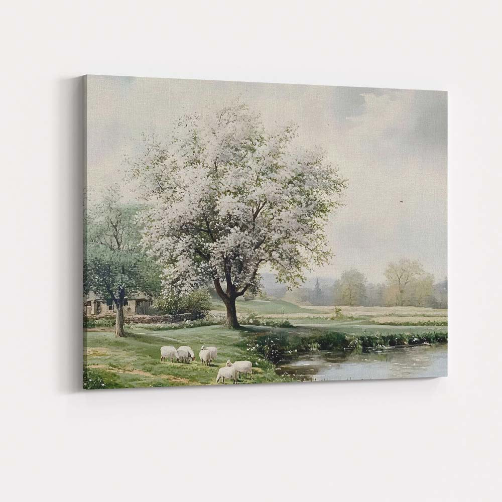Blooming White Blossom Tree Pastoral Sheep Landscape Canvas Wall Art Print Decor Picture Ready to Hang