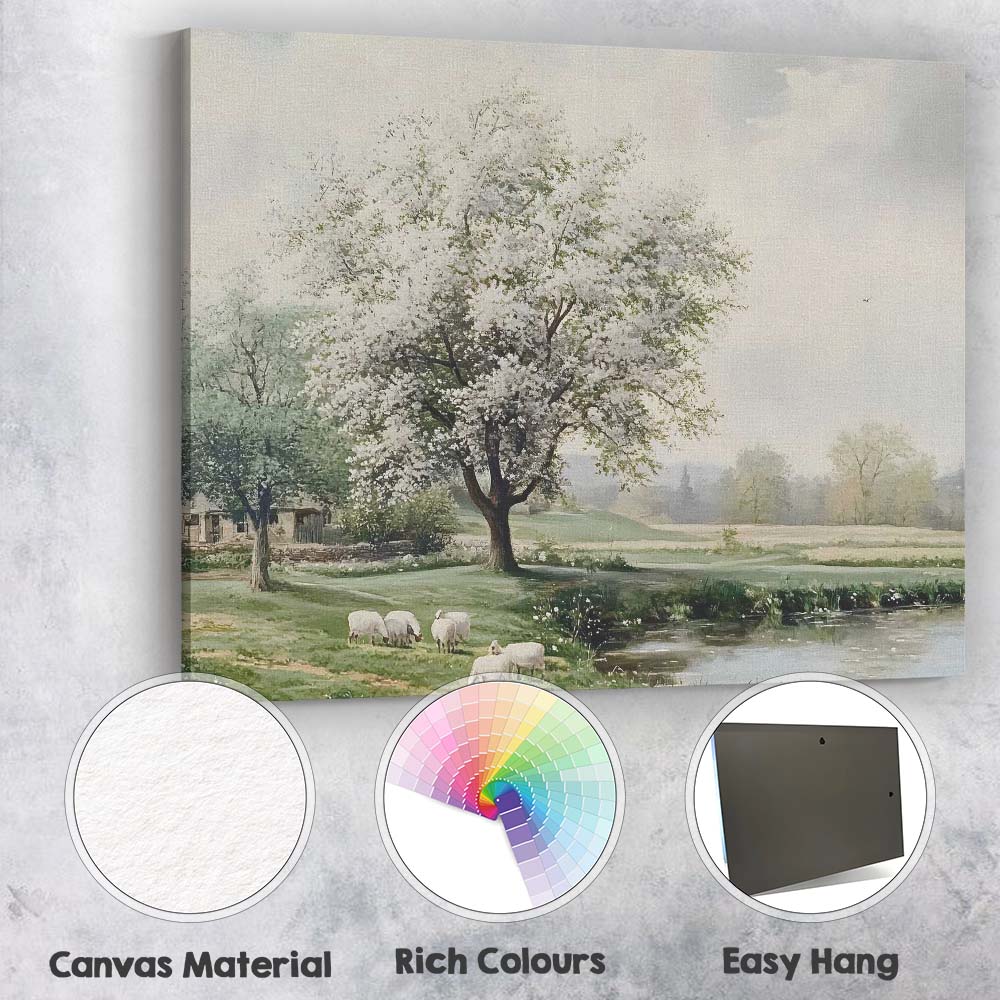 Blooming White Blossom Tree Pastoral Sheep Landscape Canvas Wall Art Print Decor Picture Ready to Hang