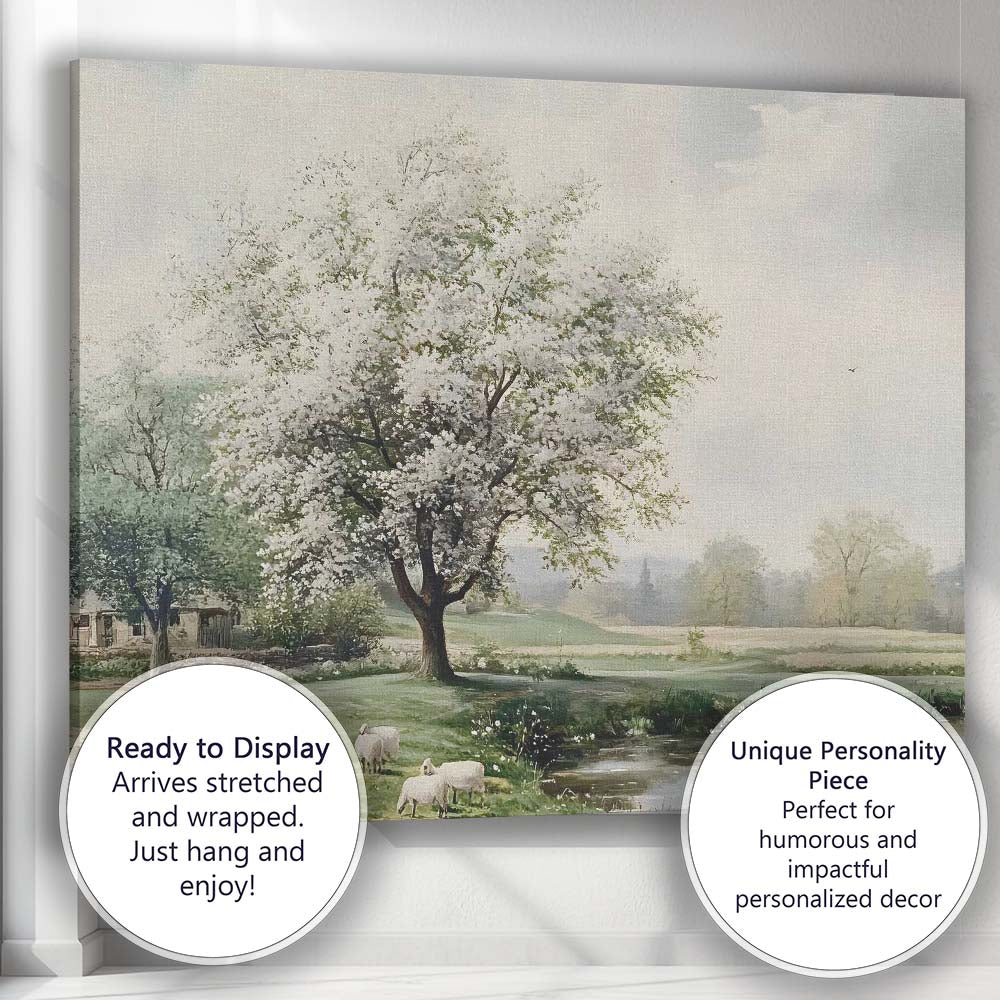 Blooming White Blossom Tree Pastoral Sheep Landscape Canvas Wall Art Print Decor Picture Ready to Hang