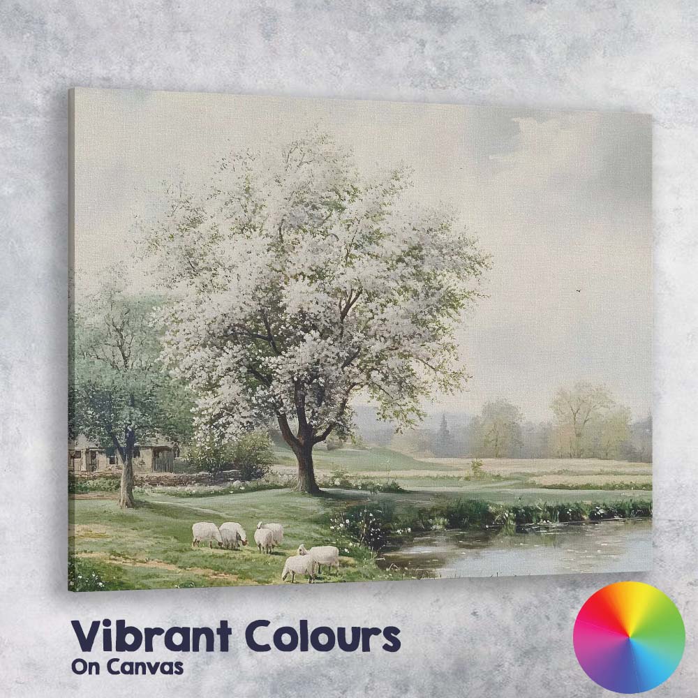 Blooming White Blossom Tree Pastoral Sheep Landscape Canvas Wall Art Print Decor Picture Ready to Hang