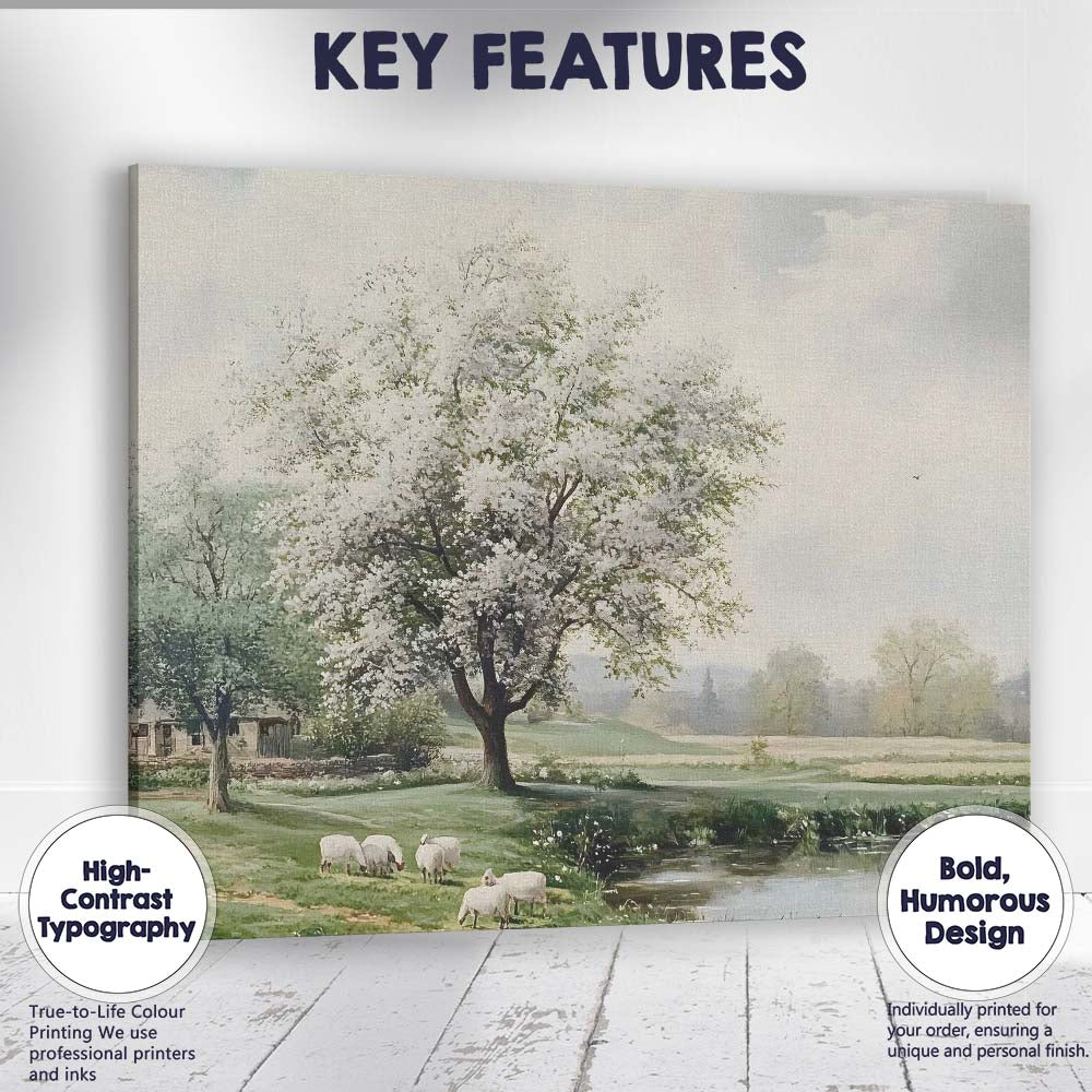 Blooming White Blossom Tree Pastoral Sheep Landscape Canvas Wall Art Print Decor Picture Ready to Hang