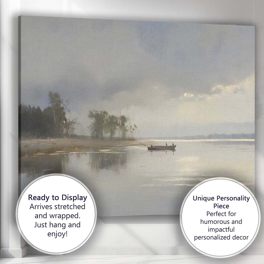 Minimalist Misty Lake Fishing Boat Calm Landscape Canvas Wall Art Print Decor Picture Ready to Hang