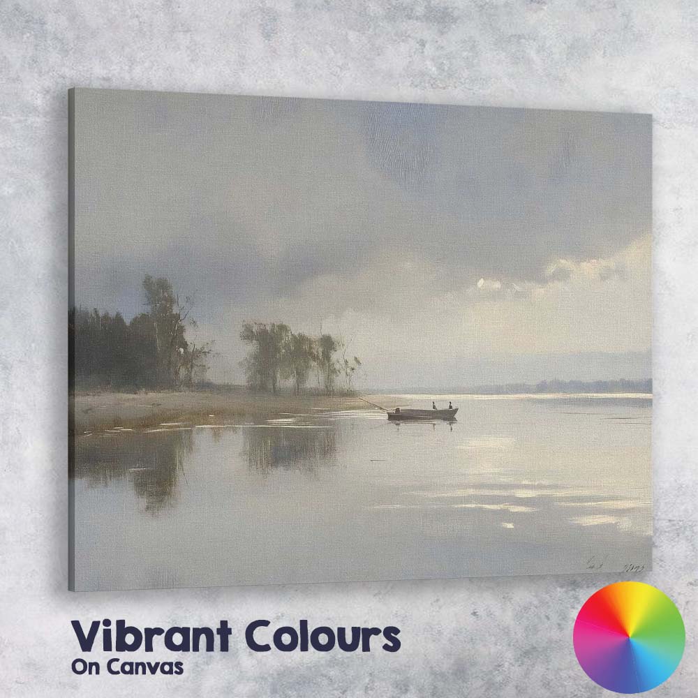 Minimalist Misty Lake Fishing Boat Calm Landscape Canvas Wall Art Print Decor Picture Ready to Hang