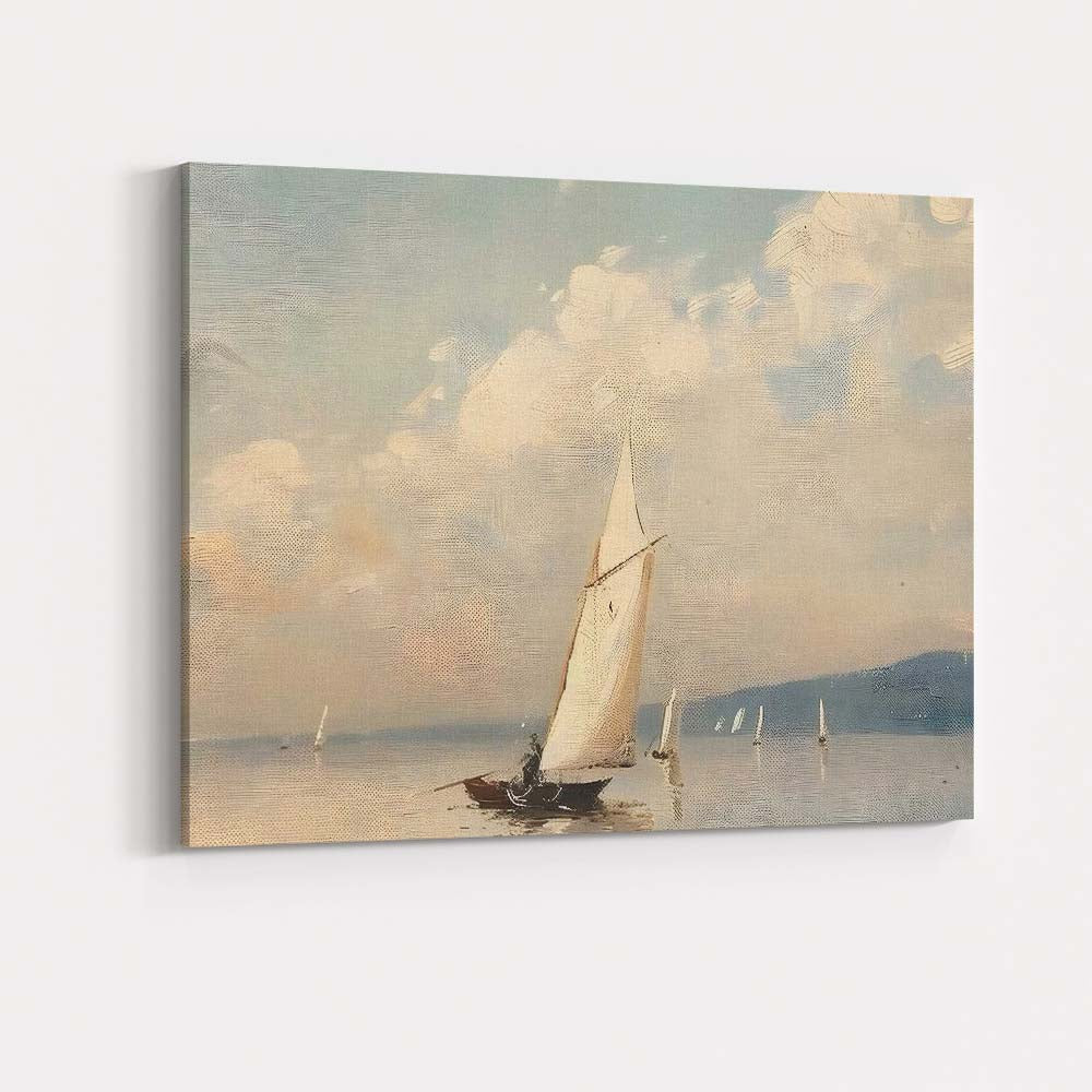 Elegant White Sailboat Calm Coastal Seascape Painting Canvas Wall Art Print Decor Picture Ready to Hang