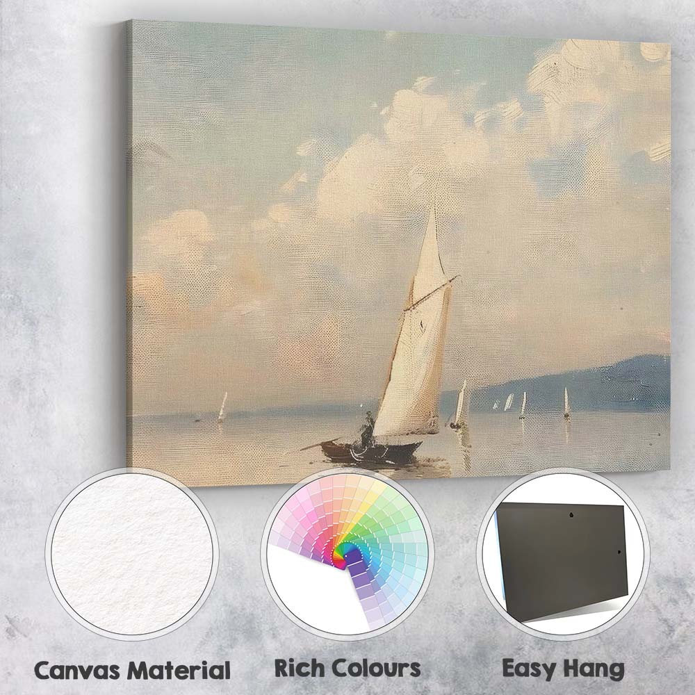 Elegant White Sailboat Calm Coastal Seascape Painting Canvas Wall Art Print Decor Picture Ready to Hang