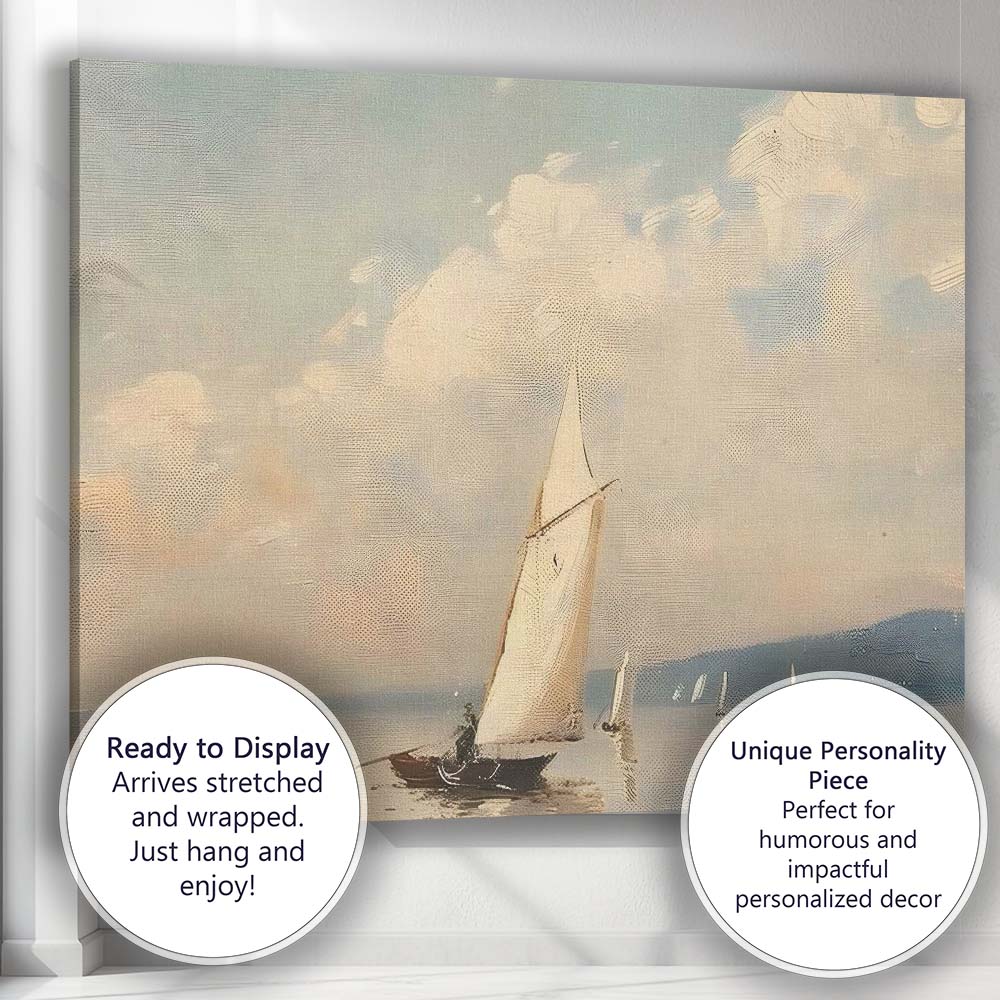 Elegant White Sailboat Calm Coastal Seascape Painting Canvas Wall Art Print Decor Picture Ready to Hang