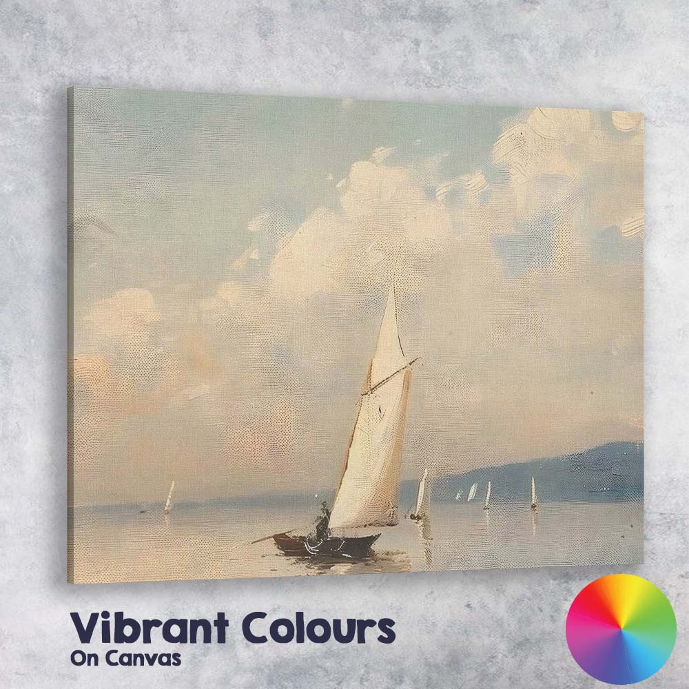 Elegant White Sailboat Calm Coastal Seascape Painting Canvas Wall Art Print Decor Picture Ready to Hang