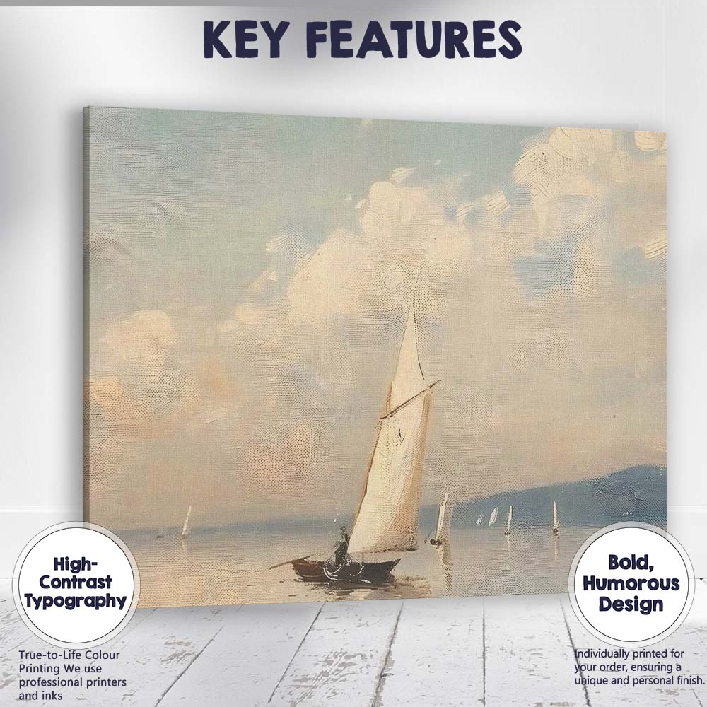 Elegant White Sailboat Calm Coastal Seascape Painting Canvas Wall Art Print Decor Picture Ready to Hang
