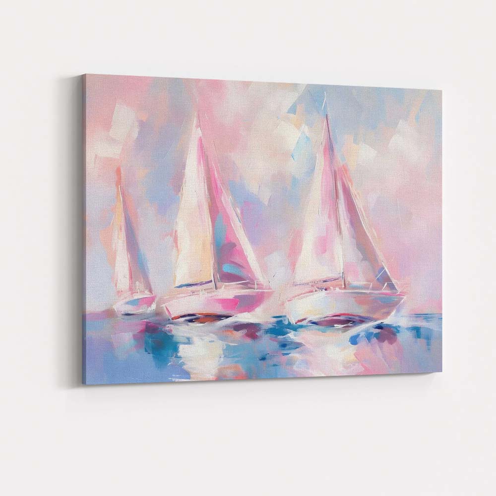 Pastel Pink Sailboats Abstract Coastal Seascape Canvas Wall Art Print Decor Picture Ready to Hang