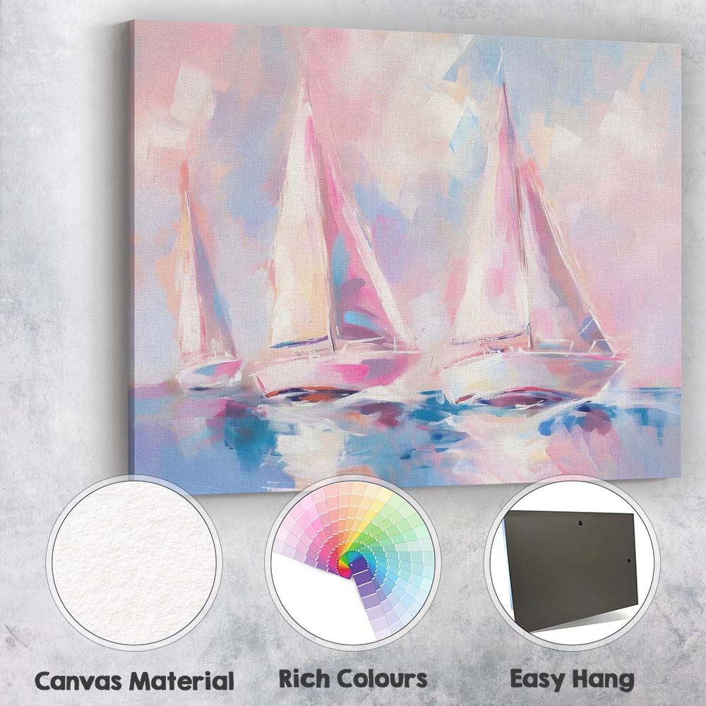 Pastel Pink Sailboats Abstract Coastal Seascape Canvas Wall Art Print Decor Picture Ready to Hang