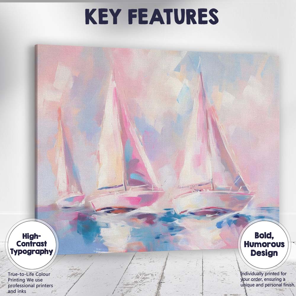 Pastel Pink Sailboats Abstract Coastal Seascape Canvas Wall Art Print Decor Picture Ready to Hang