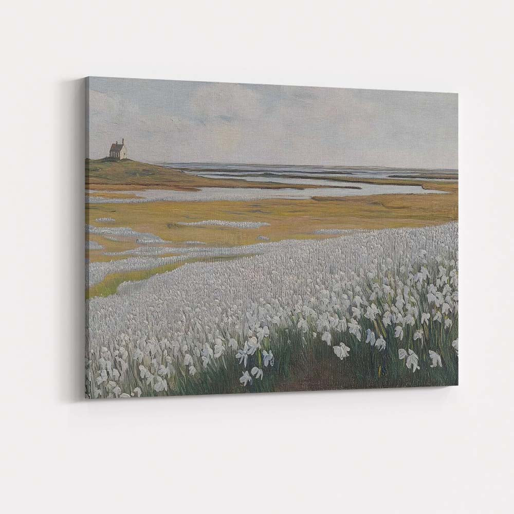 White Coastal Wildflower Marsh Landscape Painting Canvas Wall Art Print Decor Picture Ready to Hang