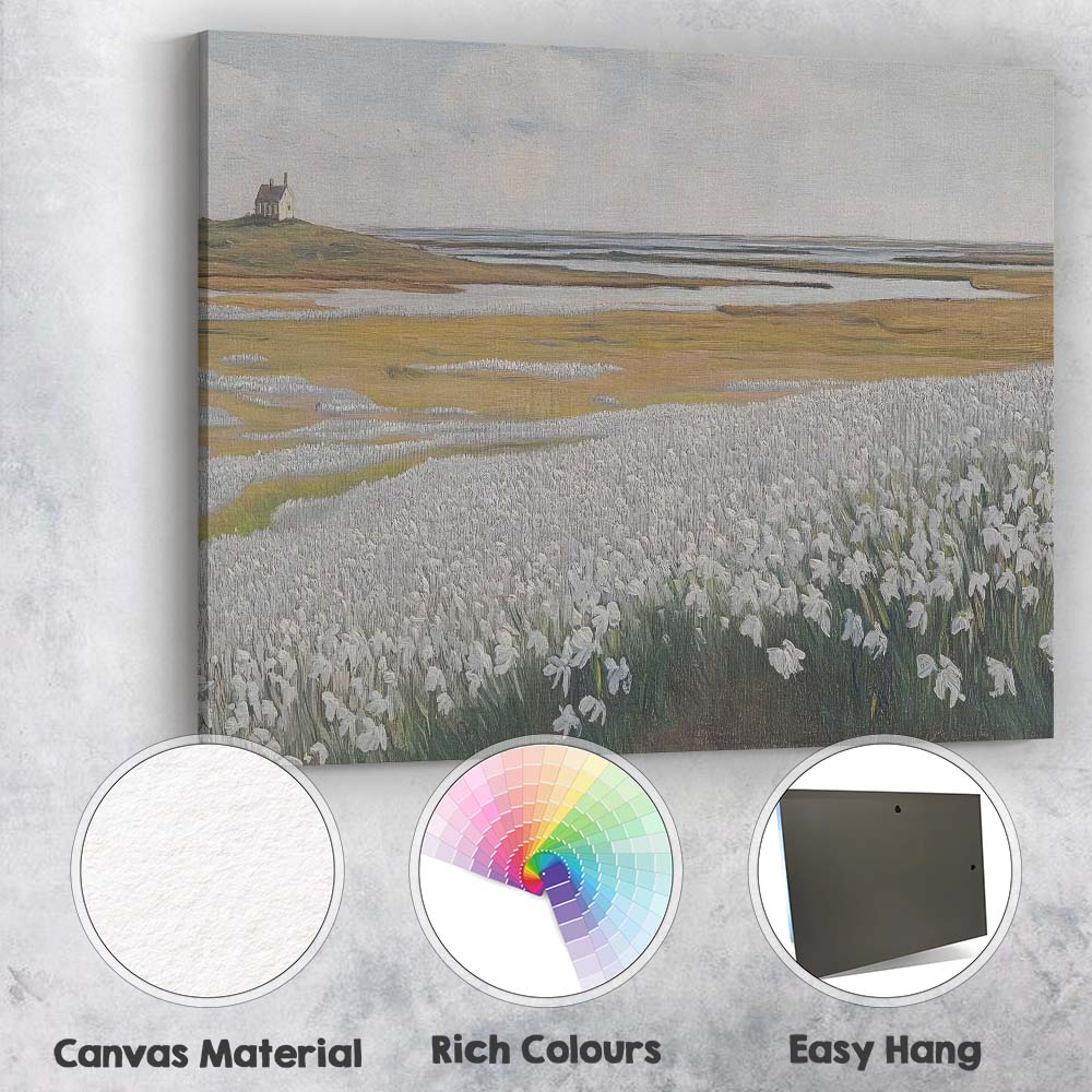White Coastal Wildflower Marsh Landscape Painting Canvas Wall Art Print Decor Picture Ready to Hang