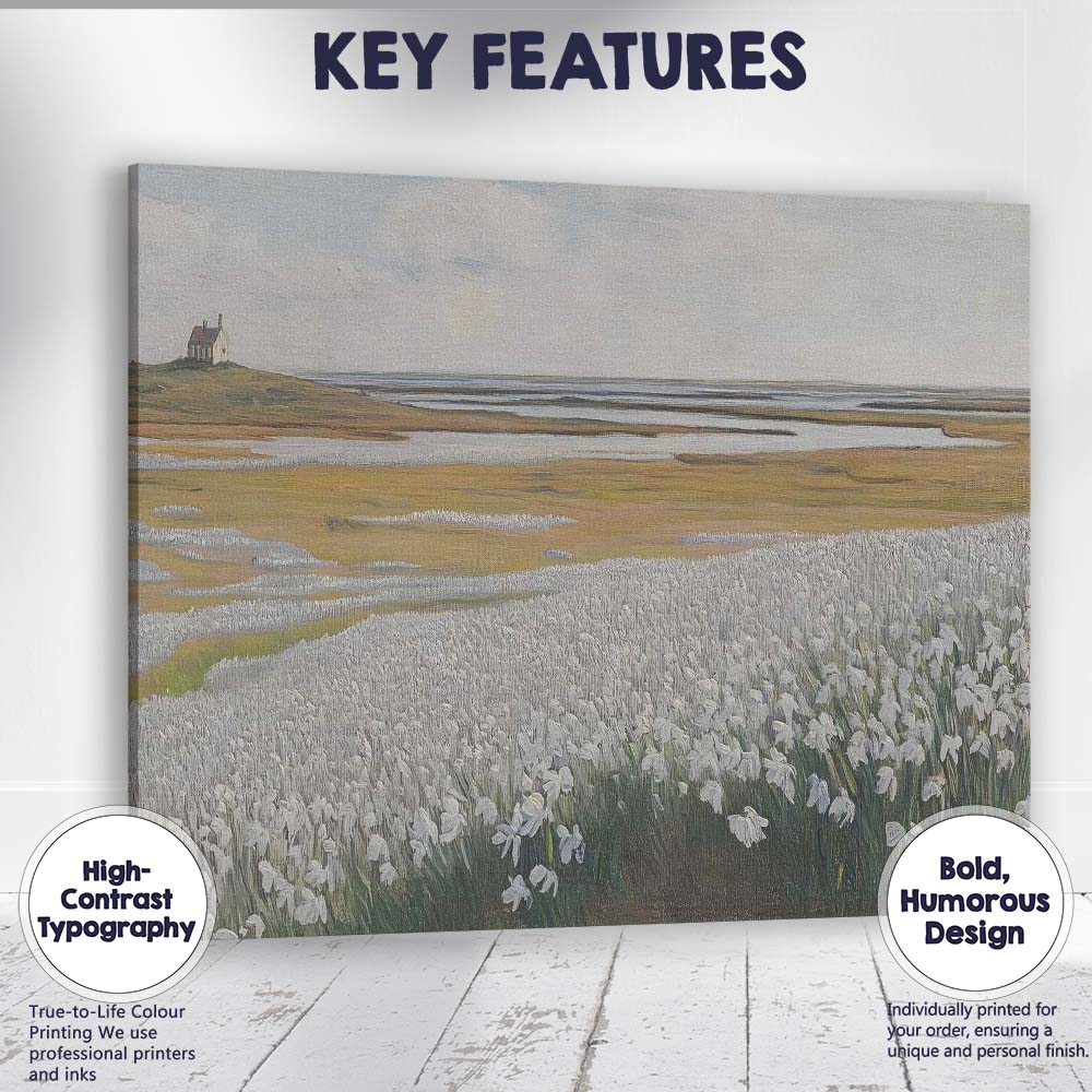 White Coastal Wildflower Marsh Landscape Painting Canvas Wall Art Print Decor Picture Ready to Hang