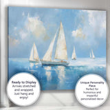Minimalist White Sailboats Calm Blue Sea Impressionist Coastal Painting Canvas Wall Art Print Decor Picture Ready to Hang
