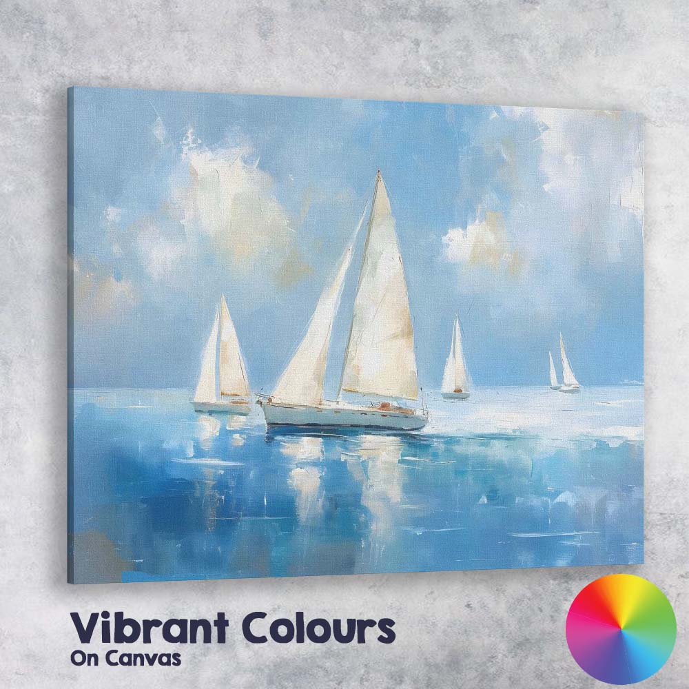 Minimalist White Sailboats Calm Blue Sea Impressionist Coastal Painting Canvas Wall Art Print Decor Picture Ready to Hang