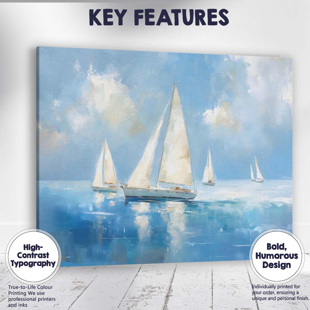 Minimalist White Sailboats Calm Blue Sea Impressionist Coastal Painting Canvas Wall Art Print Decor Picture Ready to Hang