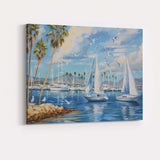 Sunny Marina Sailboats Palm Trees Seagulls Coastal Harbour Painting Canvas Wall Art Print Decor Picture Ready to Hang