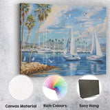 Sunny Marina Sailboats Palm Trees Seagulls Coastal Harbour Painting Canvas Wall Art Print Decor Picture Ready to Hang