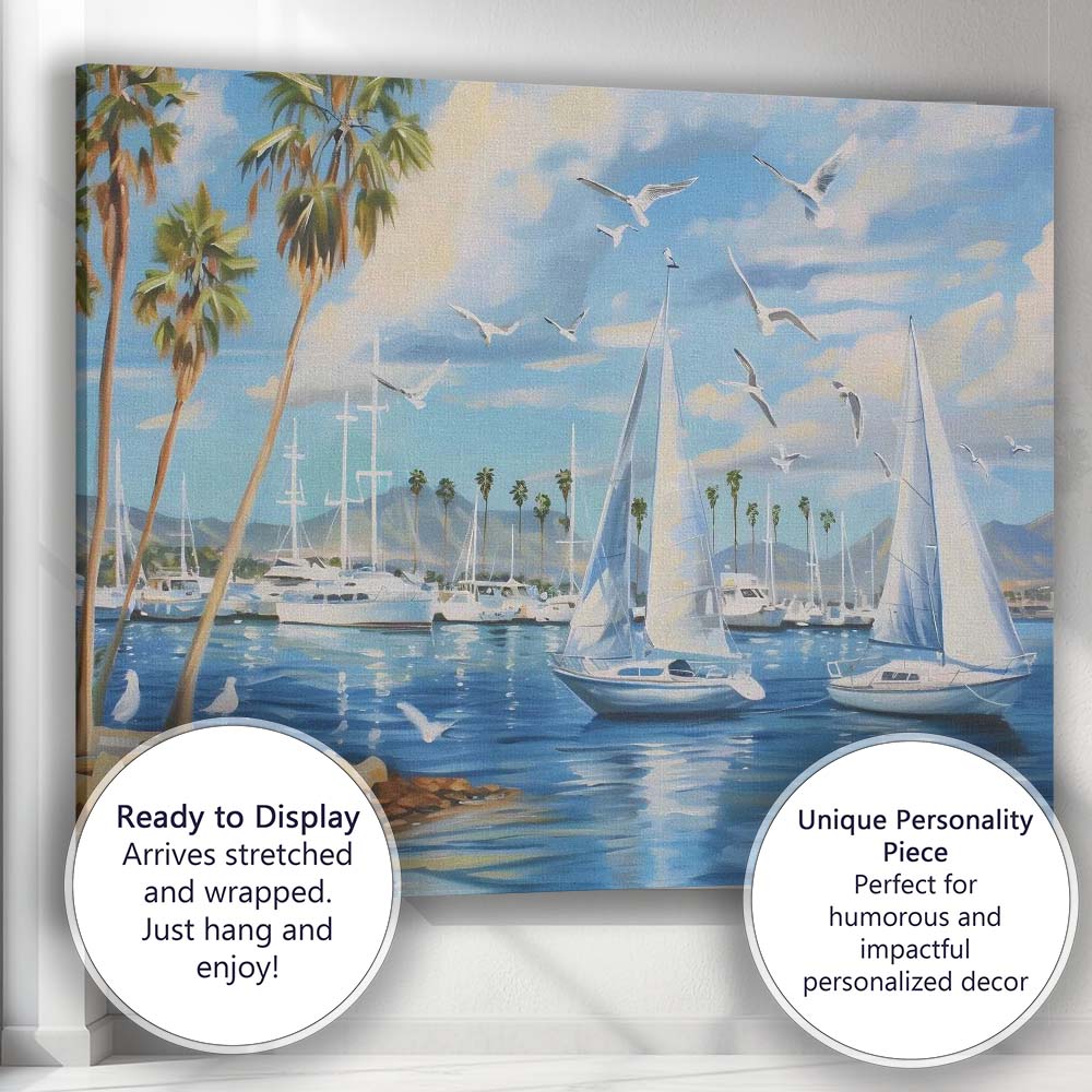 Sunny Marina Sailboats Palm Trees Seagulls Coastal Harbour Painting Canvas Wall Art Print Decor Picture Ready to Hang
