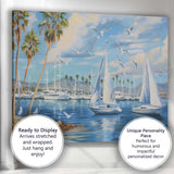 Sunny Marina Sailboats Palm Trees Seagulls Coastal Harbour Painting Canvas Wall Art Print Decor Picture Ready to Hang