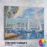Sunny Marina Sailboats Palm Trees Seagulls Coastal Harbour Painting Canvas Wall Art Print Decor Picture Ready to Hang
