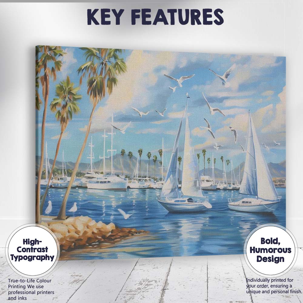 Sunny Marina Sailboats Palm Trees Seagulls Coastal Harbour Painting Canvas Wall Art Print Decor Picture Ready to Hang