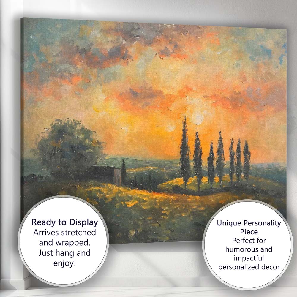 Golden Sunset Cypress Trees Rustic Countryside Impressionist Landscape Canvas Wall Art Print Decor Picture Ready to Hang
