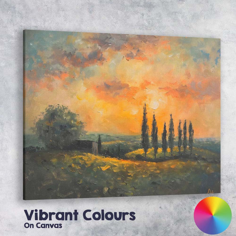 Golden Sunset Cypress Trees Rustic Countryside Impressionist Landscape Canvas Wall Art Print Decor Picture Ready to Hang