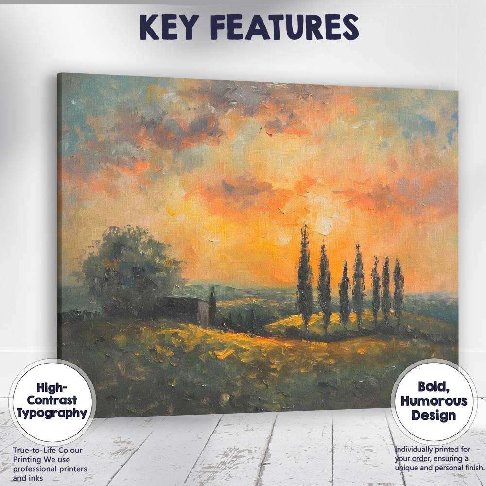 Golden Sunset Cypress Trees Rustic Countryside Impressionist Landscape Canvas Wall Art Print Decor Picture Ready to Hang