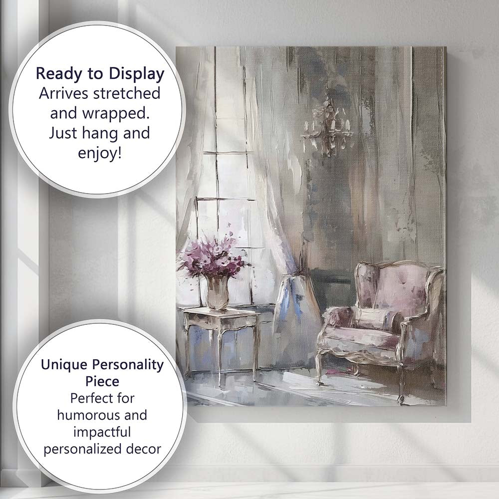 Elegant French Country Armchair Window Interior Painting Canvas Wall Art Print Decor Picture Ready to Hang