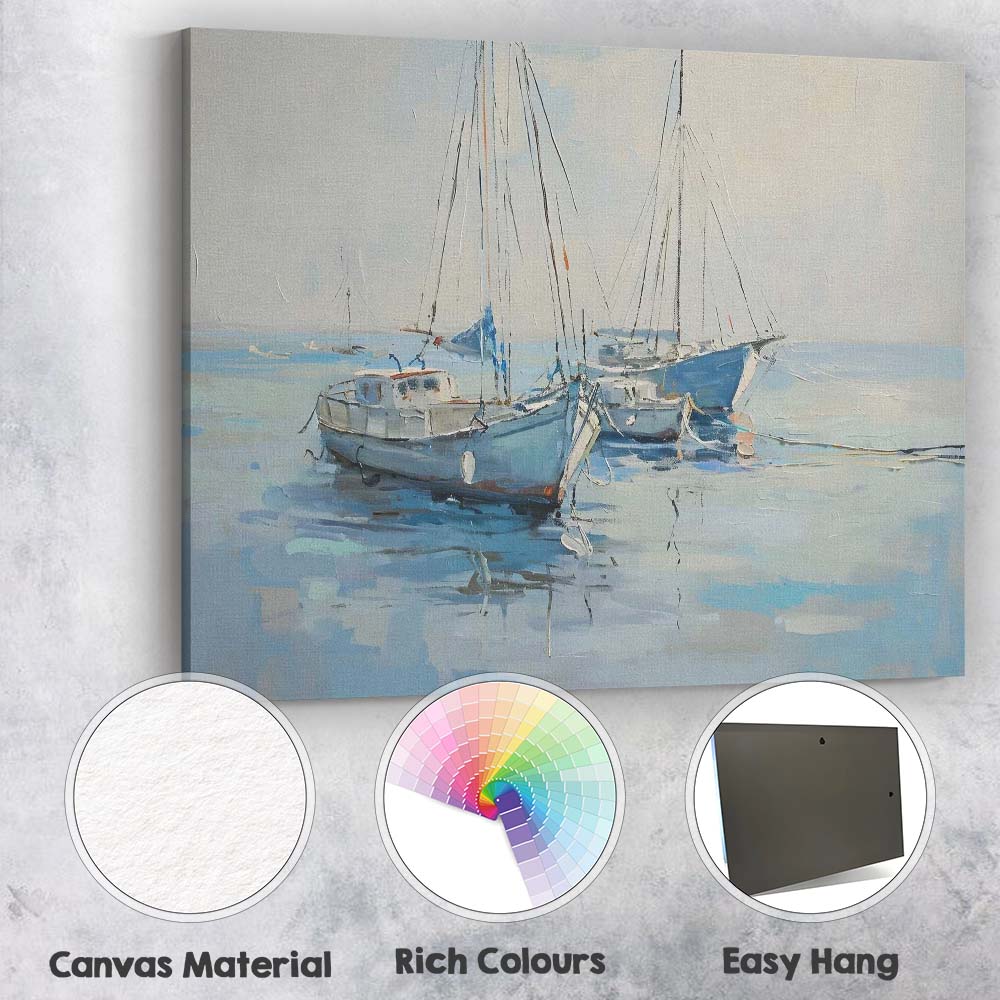 Peaceful Blue Fishing Boats Calm Harbour Coastal Painting Canvas Wall Art Print Decor Picture Ready to Hang