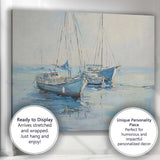 Peaceful Blue Fishing Boats Calm Harbour Coastal Painting Canvas Wall Art Print Decor Picture Ready to Hang