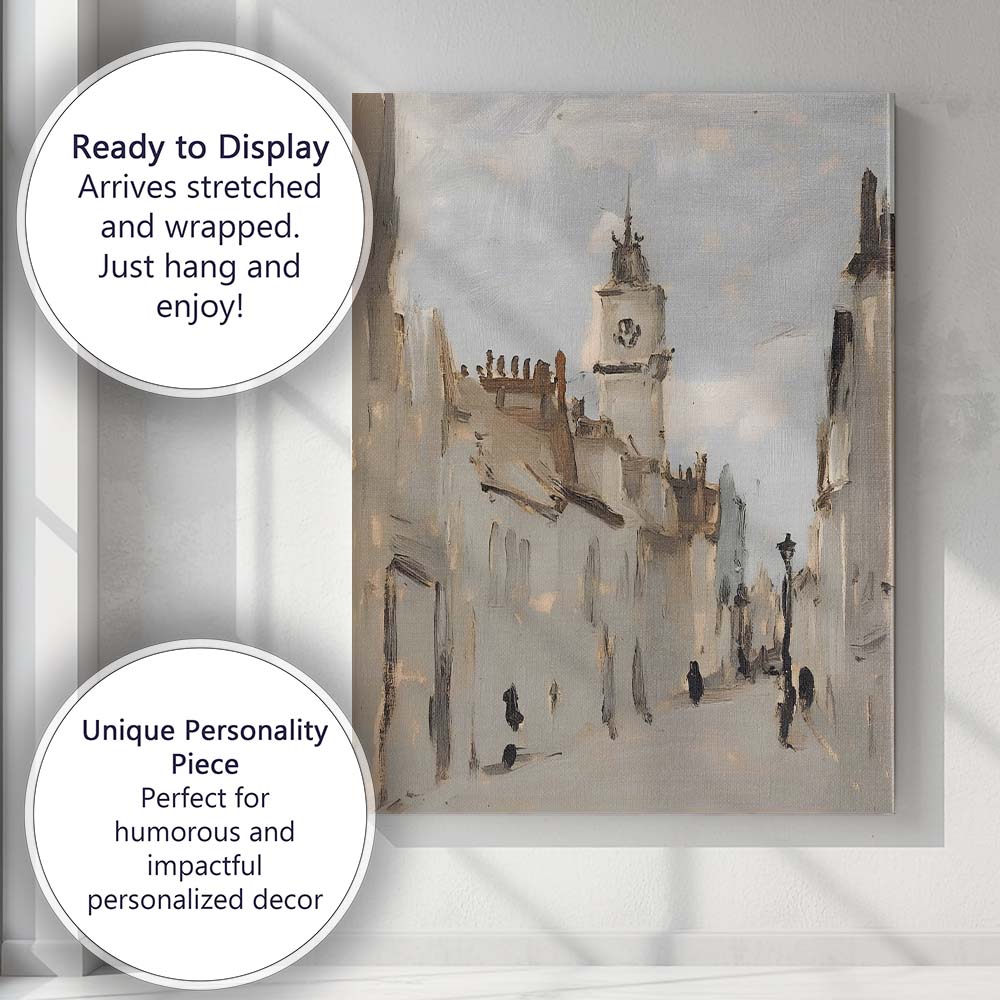 Historic European Old Town Street Church Tower Painting Canvas Wall Art Print Decor Picture Ready to Hang