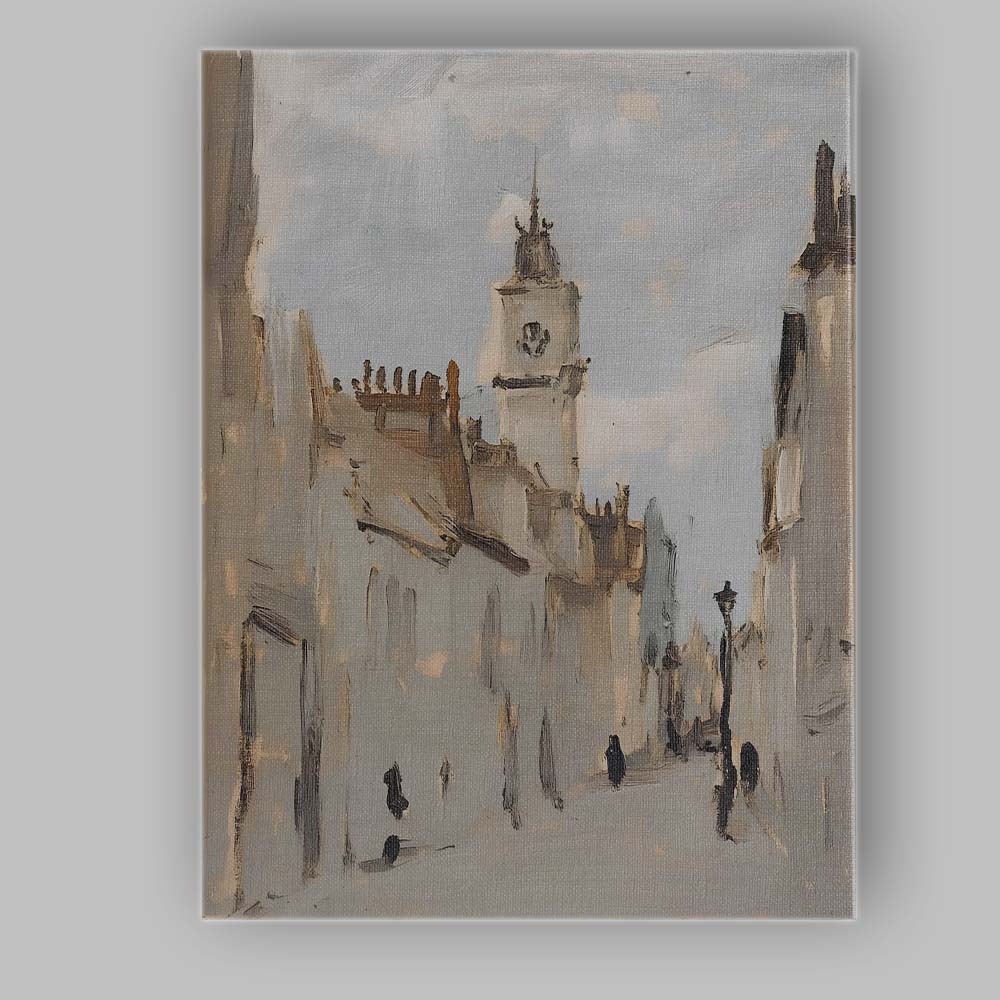 Historic European Old Town Street Church Tower Painting Canvas Wall Art Print Decor Picture Ready to Hang