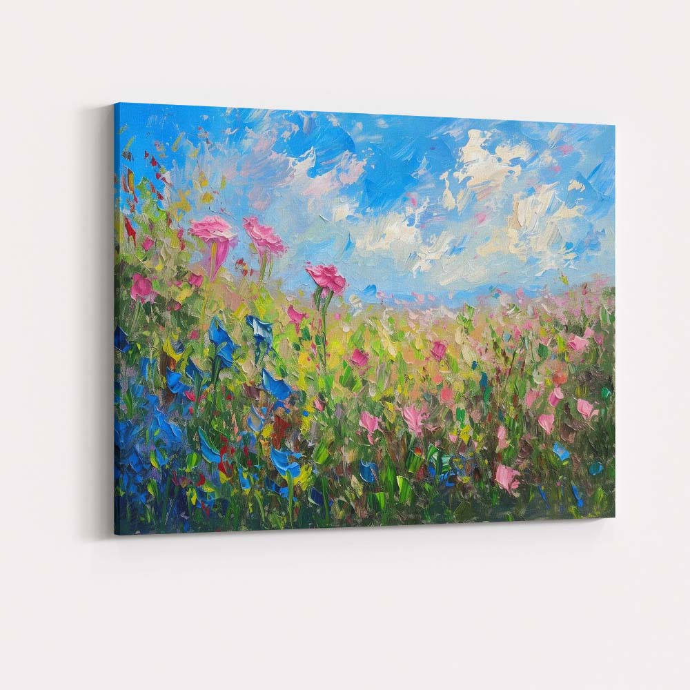 Colourful Wildflower Meadow Bright Blue Sky Impressionist Floral Landscape Canvas Wall Art Print Decor Picture Ready to Hang