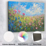 Colourful Wildflower Meadow Bright Blue Sky Impressionist Floral Landscape Canvas Wall Art Print Decor Picture Ready to Hang