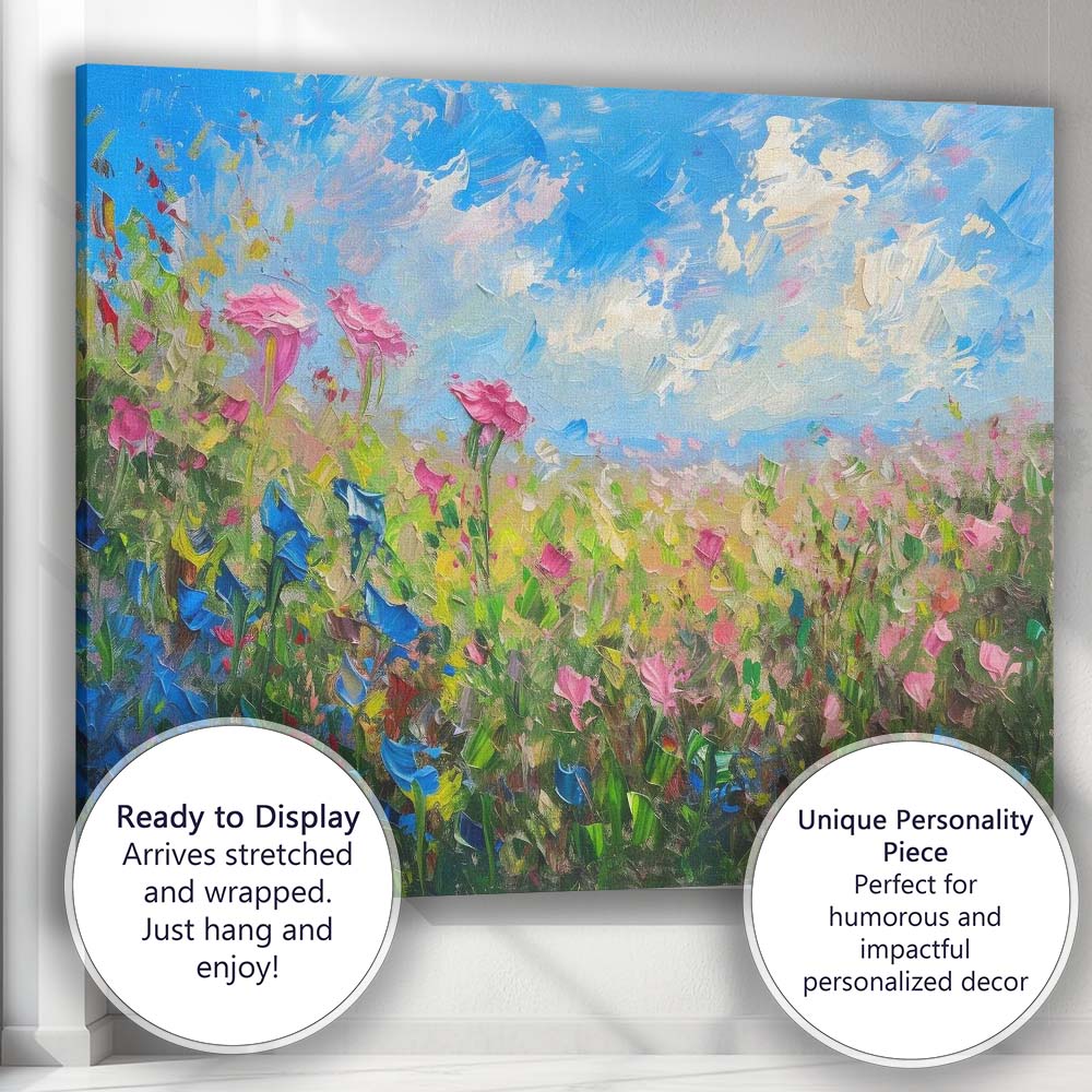 Colourful Wildflower Meadow Bright Blue Sky Impressionist Floral Landscape Canvas Wall Art Print Decor Picture Ready to Hang
