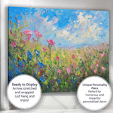 Colourful Wildflower Meadow Bright Blue Sky Impressionist Floral Landscape Canvas Wall Art Print Decor Picture Ready to Hang