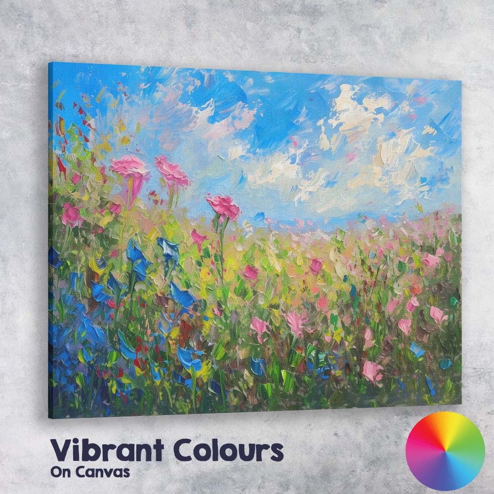 Colourful Wildflower Meadow Bright Blue Sky Impressionist Floral Landscape Canvas Wall Art Print Decor Picture Ready to Hang