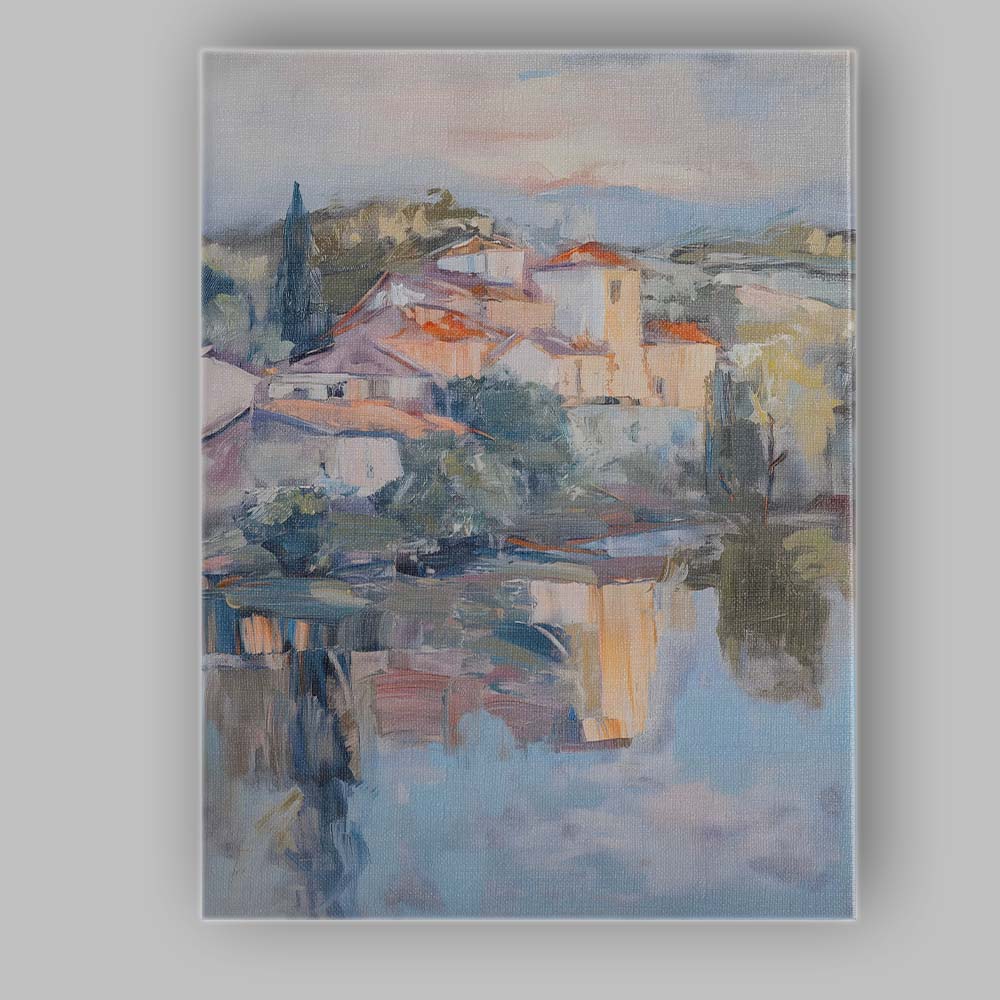 Contemporary Mediterranean Village Waterside Landscape Impressionist Canvas Wall Art Print Decor Picture Ready to Hang