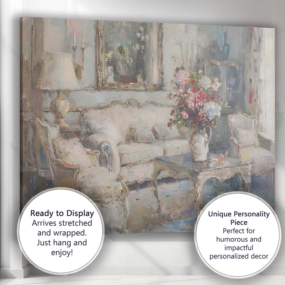 Elegant French Country Living Room Floral Interior Painting Canvas Wall Art Print Decor Picture Ready to Hang
