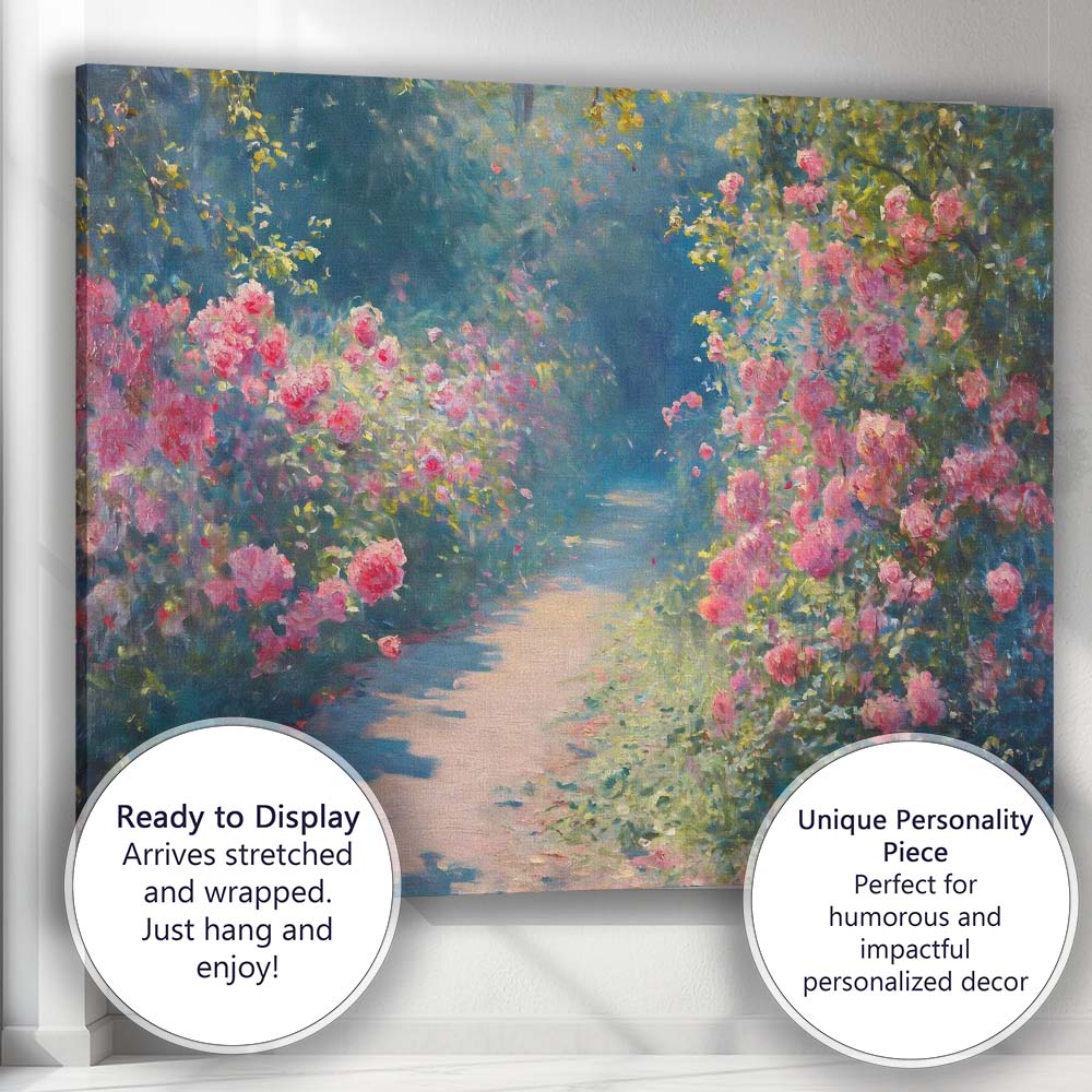 Romantic Pink Rose Garden Sunlit Path Impressionist Landscape Canvas Wall Art Print Decor Picture Ready to Hang