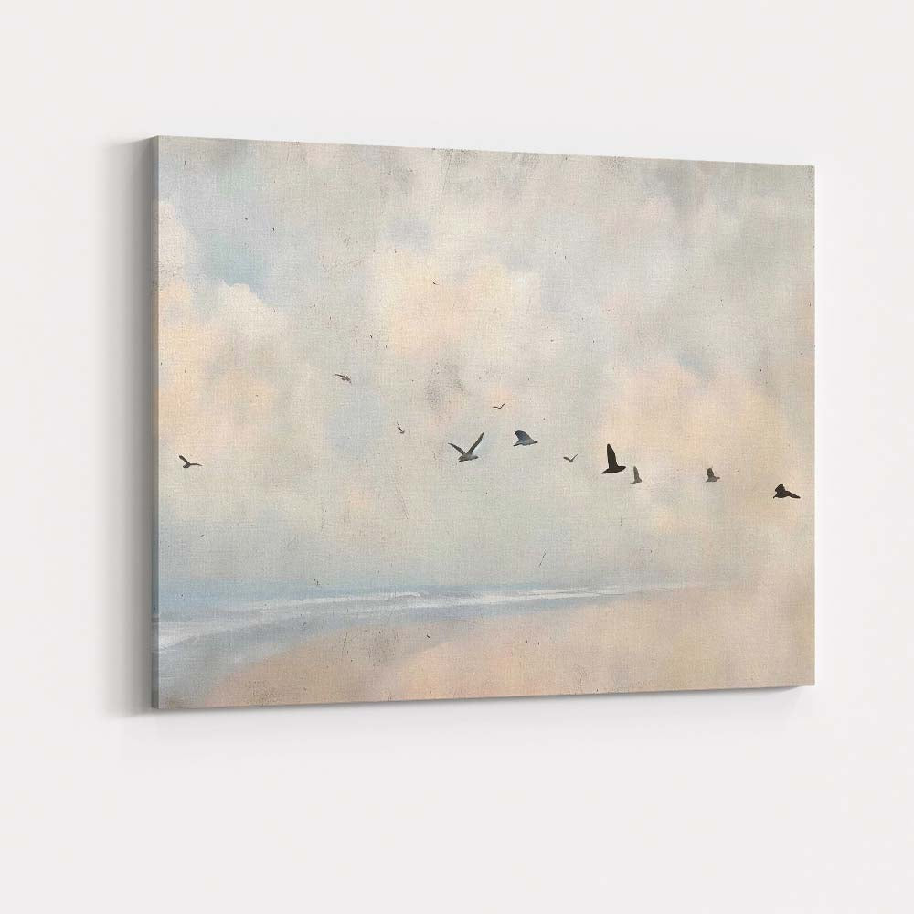 Minimal Coastal Birds Flying Over Calm Sea Landscape Canvas Wall Art Print Decor Picture Ready to Hang