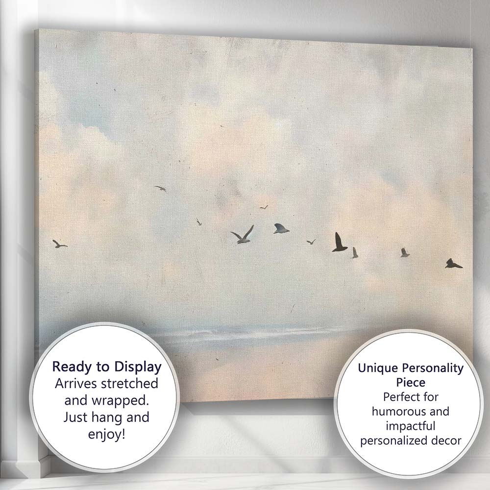 Minimal Coastal Birds Flying Over Calm Sea Landscape Canvas Wall Art Print Decor Picture Ready to Hang